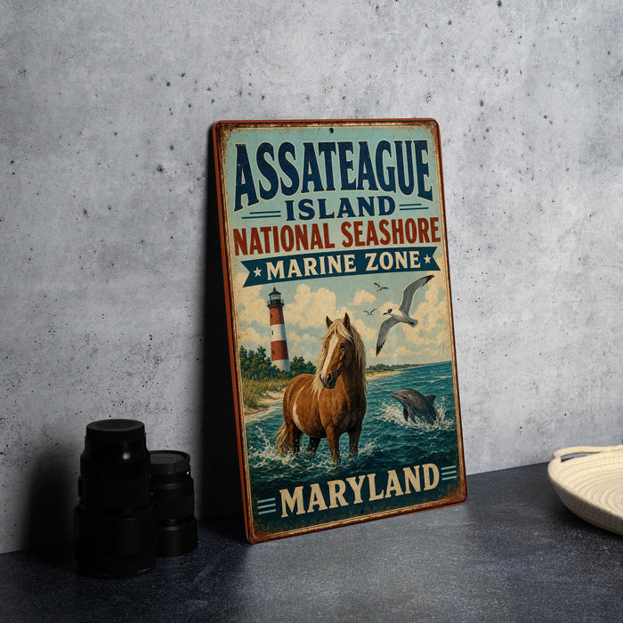 A vintage metal sign for the Assateague Island National Seashore Marine Zone in Maryland, featuring a horse, seagulls, and a lighthouse.