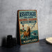 A vintage metal sign for the Assateague Island National Seashore Marine Zone in Maryland, featuring a horse, seagulls, and a lighthouse.