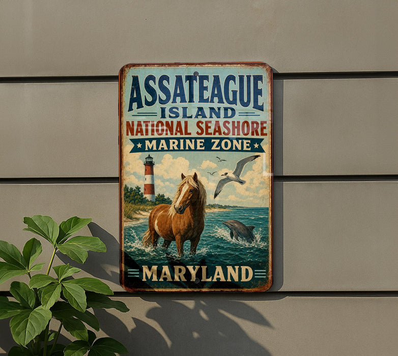 A vintage metal sign for Assateague Island National Seashore, Maryland, featuring a lighthouse, a horse, and seagulls in the ocean.