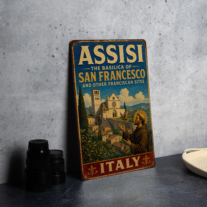A vintage-style metal sign with the text "ASSISI THE BASILICA OF SAN FRANCISCO AND OTHER FRANCISCAN SITES ITALY" is displayed on a gray wall.