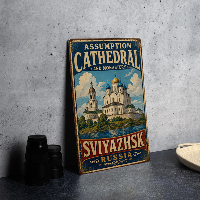 A vintage-style metal sign with the text "Assumption Cathedral and Monastery" and "Svyazhsk Russia" is displayed on a gray countertop, accompanied by a stack of black camera lenses.