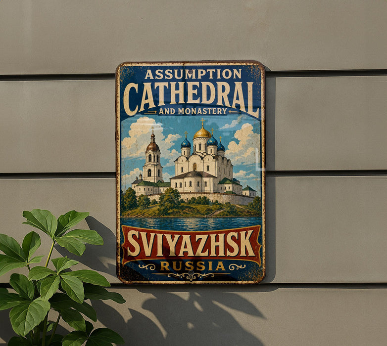 A vintage-style metal sign with the text "Assumption Cathedral and Monastery" and "Svyazhsk Russia" is displayed on a wall, with a plant to the left.