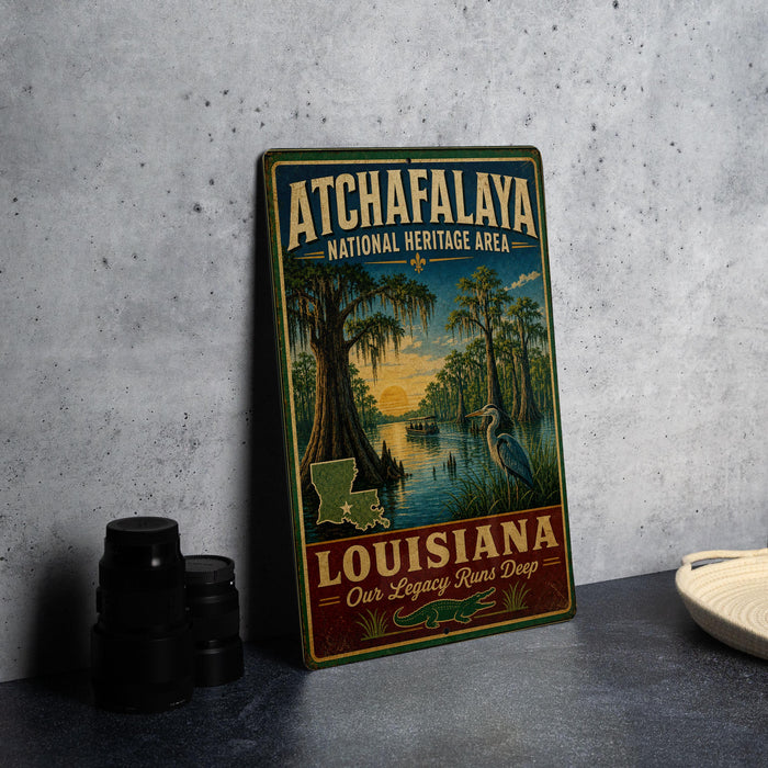 A vintage-style metal sign for Atchafalaya National Heritage Area, featuring a scenic illustration of a bayou landscape with a bird and a sunset.