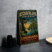 A vintage-style metal sign for Atchafalaya National Heritage Area, featuring a scenic illustration of a bayou landscape with a bird and a sunset.