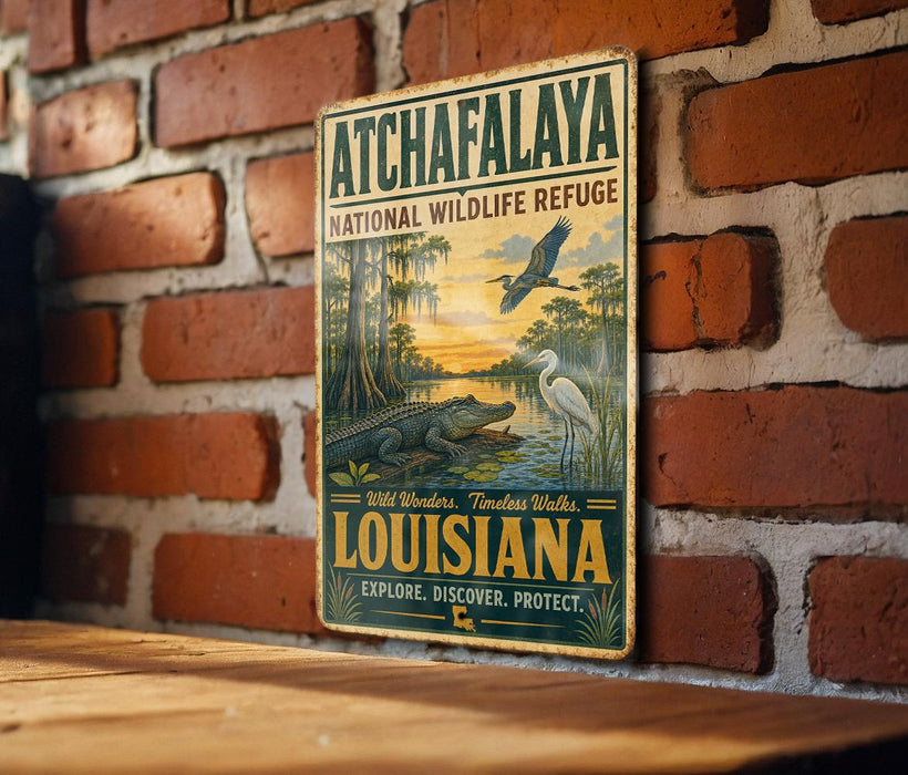 A vintage metal sign for the Atchafalaya National Wildlife Refuge in Louisiana, featuring an illustration of wildlife and a tropical landscape.