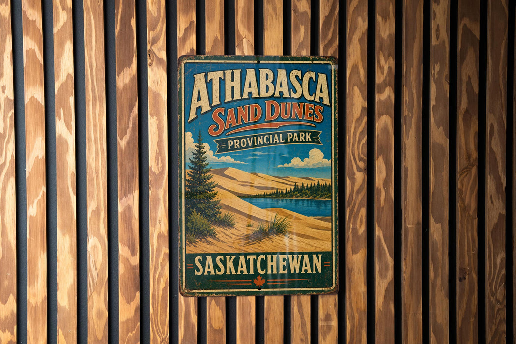 A vintage metal sign for Athabasca Sand Dunes Provincial Park in Saskatchewan, Canada, hanging on a wooden wall.