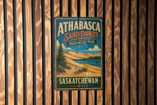 A vintage metal sign for Athabasca Sand Dunes Provincial Park in Saskatchewan, Canada, hanging on a wooden wall.