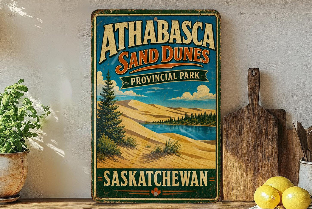 A vintage-style sign for Athabasca Sand Dunes Provincial Park in Saskatchewan, Canada, featuring a scenic landscape with sand dunes, trees, and a lake.