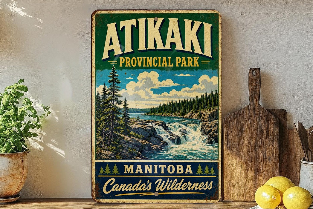 A vintage-style sign for Atikaki Provincial Park in Manitoba, Canada, featuring a scenic landscape with a waterfall and pine trees.