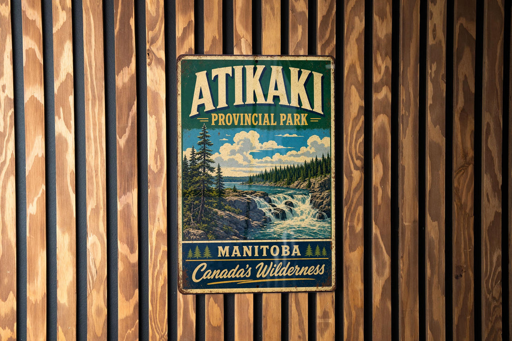 A vintage metal sign for Atikaki Provincial Park in Manitoba, Canada, featuring a scenic landscape with a waterfall and pine trees.