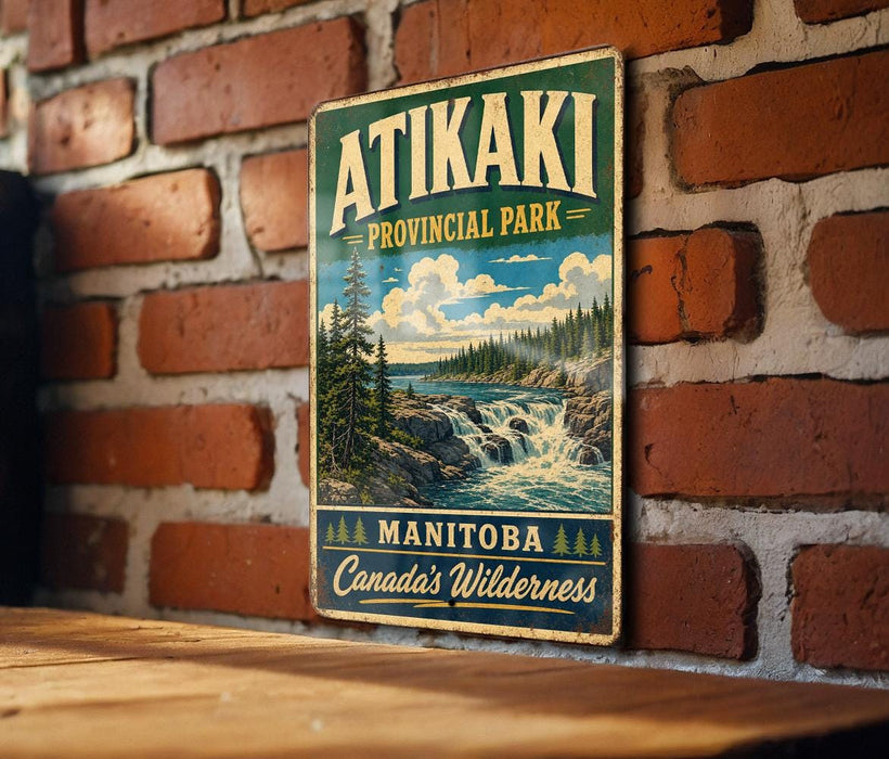 A vintage-style metal sign for Atikaki Provincial Park in Manitoba, Canada, featuring a scenic landscape with a waterfall and pine trees.