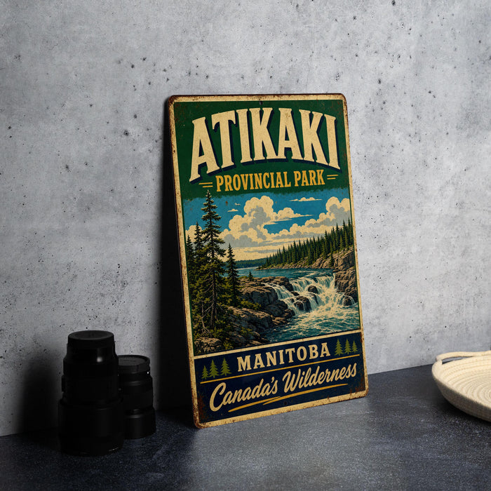 A vintage-style sign for Atikaki Provincial Park in Manitoba, Canada, featuring a scenic landscape with a waterfall and pine trees.