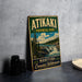 A vintage-style sign for Atikaki Provincial Park in Manitoba, Canada, featuring a scenic landscape with a waterfall and pine trees.