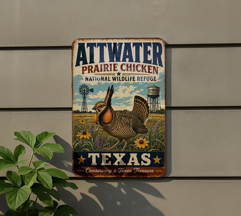 A vintage-style metal sign with a prairie chicken illustration and the text "ATTWATER PRARIET CHICKEN NATIONAL WILDLIFE RESCUE TEXAS" is displayed on a wall.