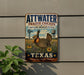 A vintage-style metal sign with a prairie chicken illustration and the text "ATTWATER PRARIET CHICKEN NATIONAL WILDLIFE RESCUE TEXAS" is displayed on a wall.