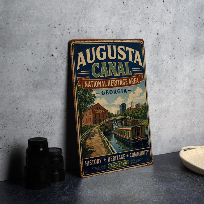 A vintage-style metal sign for the Augusta Canal National Heritage Area in Georgia, featuring an illustration of a canal and surrounding buildings.