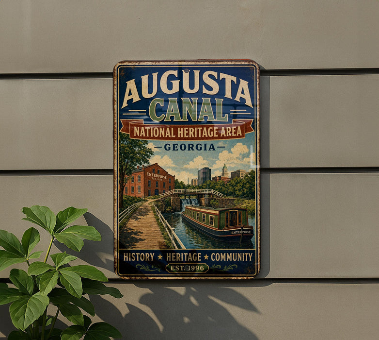 a vintage-style metal sign for the Augusta Canal National Heritage Area in Georgia, with a scenic illustration of a canal, buildings, and boats.