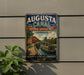 a vintage-style metal sign for the Augusta Canal National Heritage Area in Georgia, with a scenic illustration of a canal, buildings, and boats.