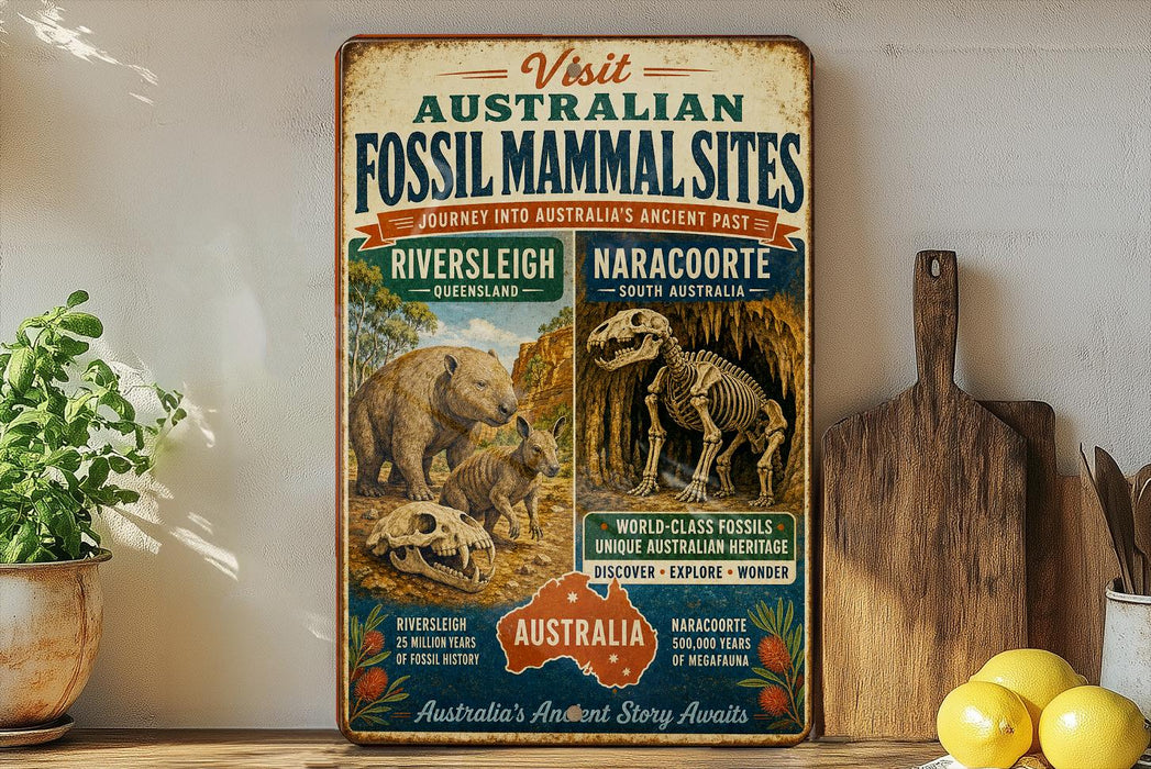 The image is a vintage-style sign advertising fossil mammal sites in Australia, featuring illustrations of various fossilized animals such as a bear and a dinosaur.