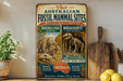 The image is a vintage-style sign advertising fossil mammal sites in Australia, featuring illustrations of various fossilized animals such as a bear and a dinosaur.