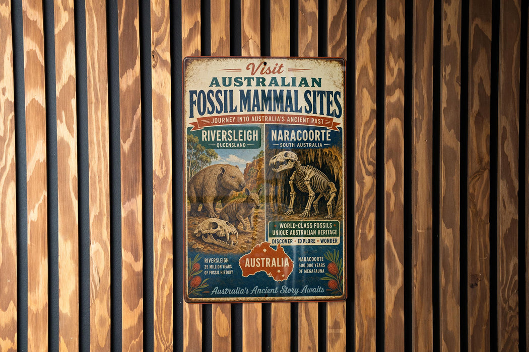 The image is a vintage metal sign advertising fossil sites in Australia, featuring illustrations of various dinosaur and fossil specimens.