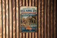The image is a vintage metal sign advertising fossil sites in Australia, featuring illustrations of various dinosaur and fossil specimens.