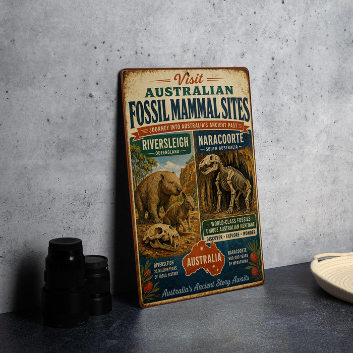 a vintage-style metal sign advertising fossil sites in Australia, with images of various fossilized animals and text describing the sites.