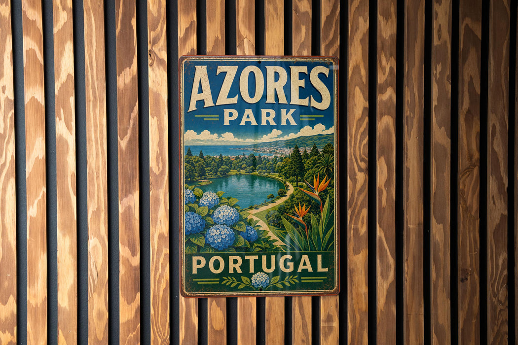 A vintage-style metal sign with the text "AZORES PARK PORTUGAL" is displayed on a wooden wall.