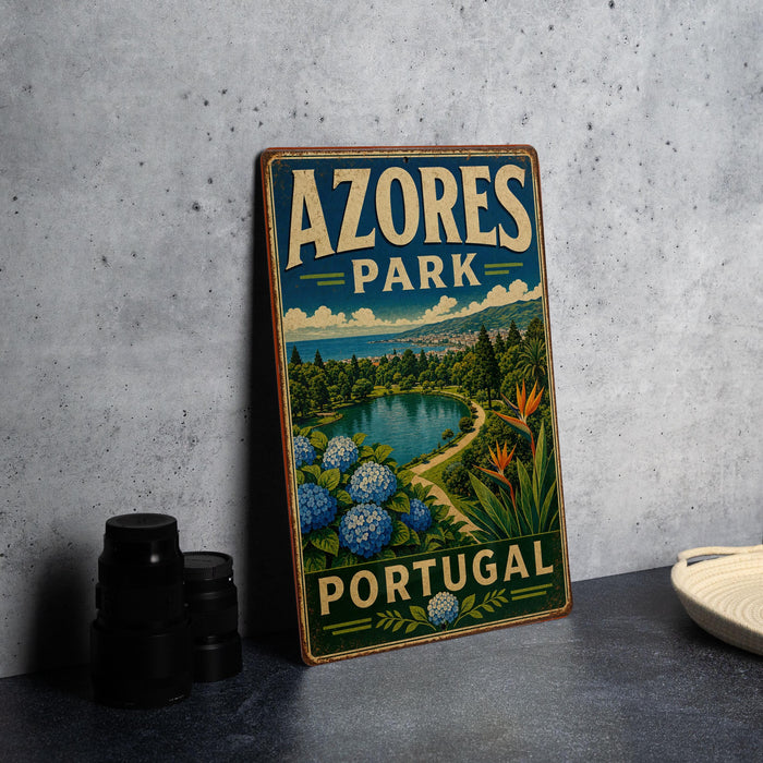 A vintage-style metal sign for "Azeros Park" in Portugal, featuring a scenic landscape with a lake, mountains, and colorful flowers.