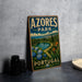 A vintage-style metal sign for "Azeros Park" in Portugal, featuring a scenic landscape with a lake, mountains, and colorful flowers.