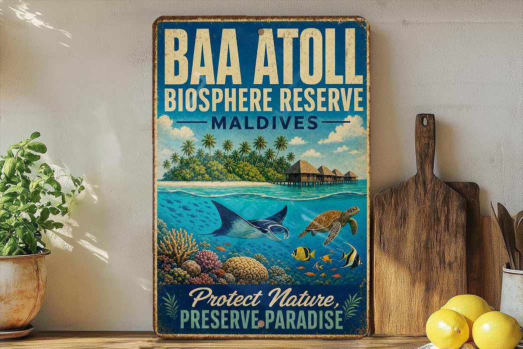 A vintage-style poster with a tropical island scene, featuring a sea turtle, coral, and fish, is displayed on a wall next to a wooden cutting board and a potted plant.
