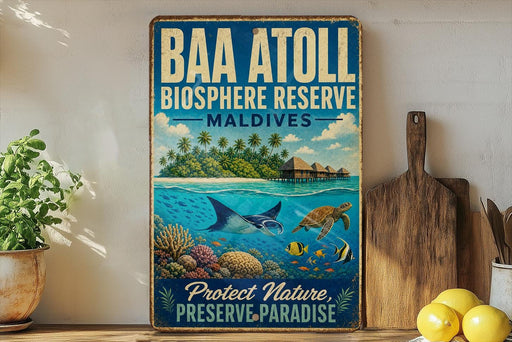 A vintage-style poster with a tropical island scene, featuring a sea turtle, coral, and fish, is displayed on a wall next to a wooden cutting board and a potted plant.