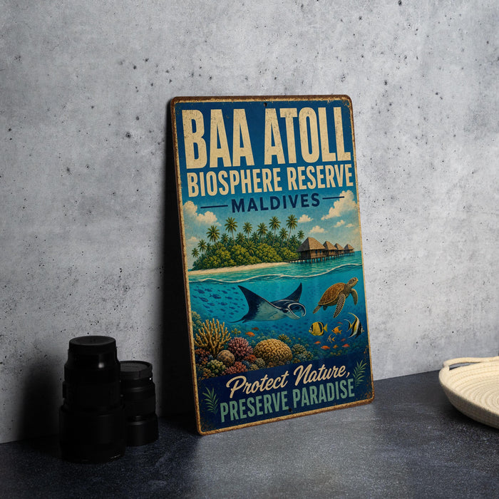 A vintage-style metal sign with text and illustrations of a tropical island and marine life, placed on a gray countertop next to a stack of black camera lenses.