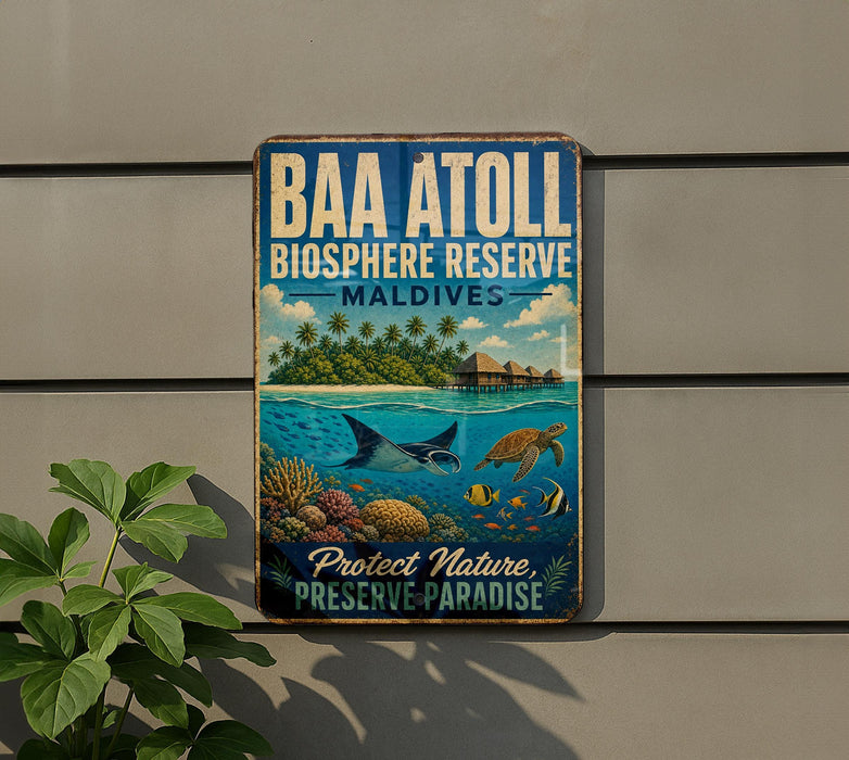 A vintage metal sign with a tropical island scene and marine life, mounted on a wall next to a plant.
