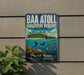 A vintage metal sign with a tropical island scene and marine life, mounted on a wall next to a plant.