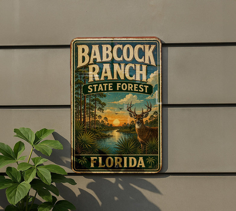 A vintage metal sign for Babcock Ranch, Florida, featuring a scenic landscape with a deer and palm trees.