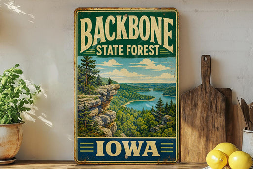 A vintage-style sign for the Backbone State Forest in Iowa, featuring a scenic landscape with a river and mountains.