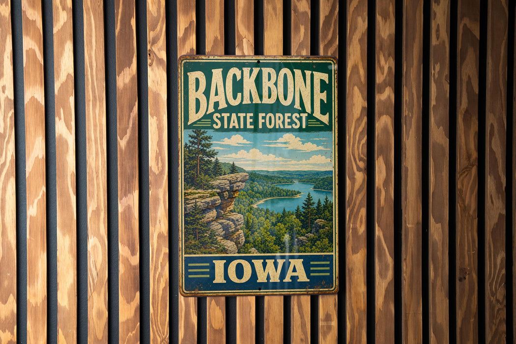 A vintage metal sign for the Backbone State Forest in Iowa, featuring a scenic landscape with a lake and mountains.