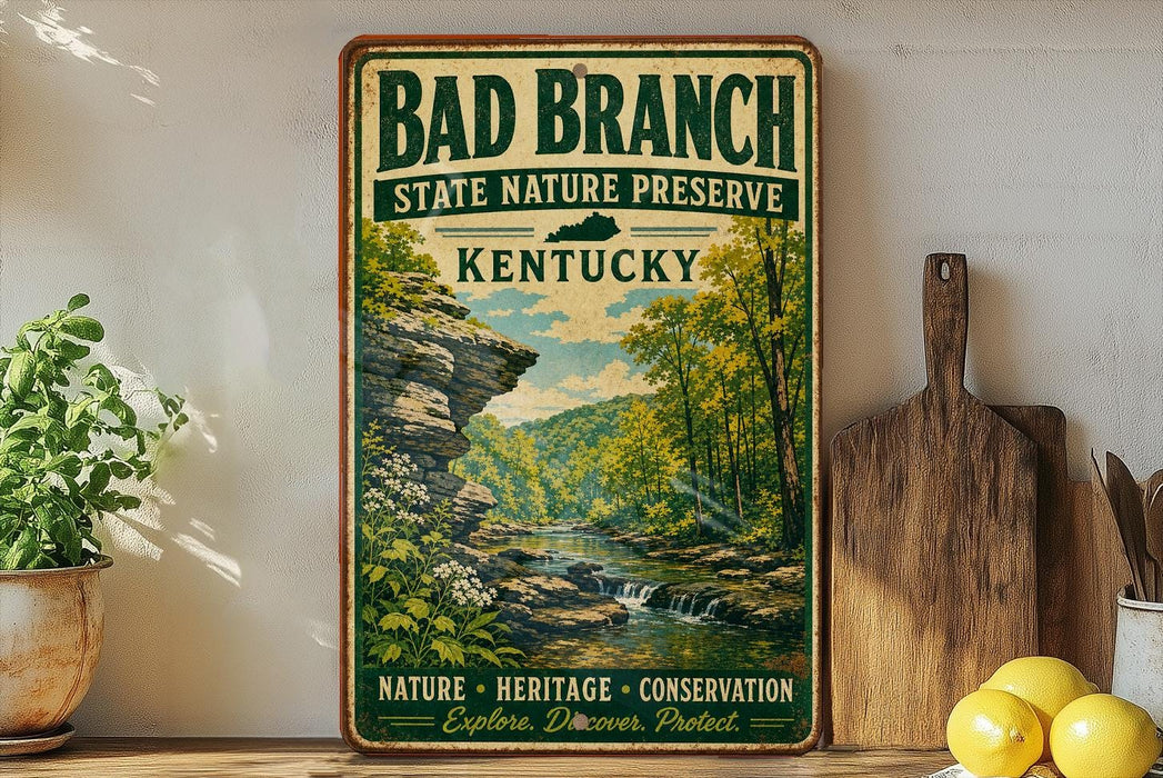 A vintage-style poster advertising Bad Branch State Nature Preserve in Kentucky, featuring a scenic image of a forest and a river.