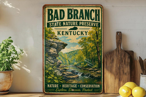 A vintage-style poster advertising Bad Branch State Nature Preserve in Kentucky, featuring a scenic image of a forest and a river.