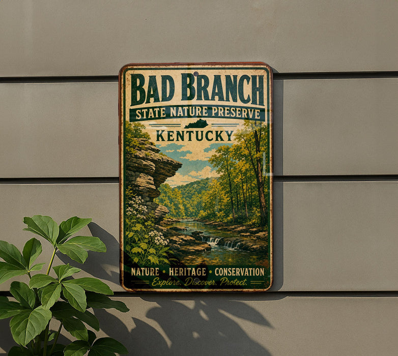 A vintage-style metal sign with the text "Bad Branch State Nature Preserve Kentucky" and a scenic illustration of a forest and a river.