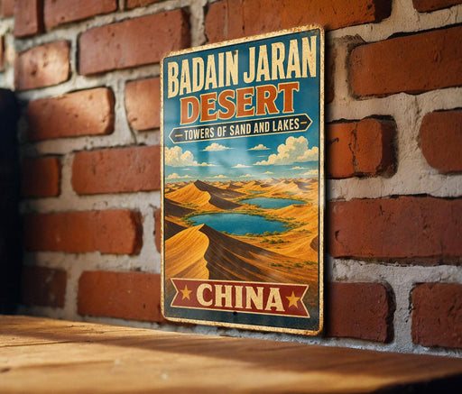 A vintage metal sign for Badain Jaran Desert, featuring a desert landscape with sand dunes and a lake, is displayed on a brick wall.
