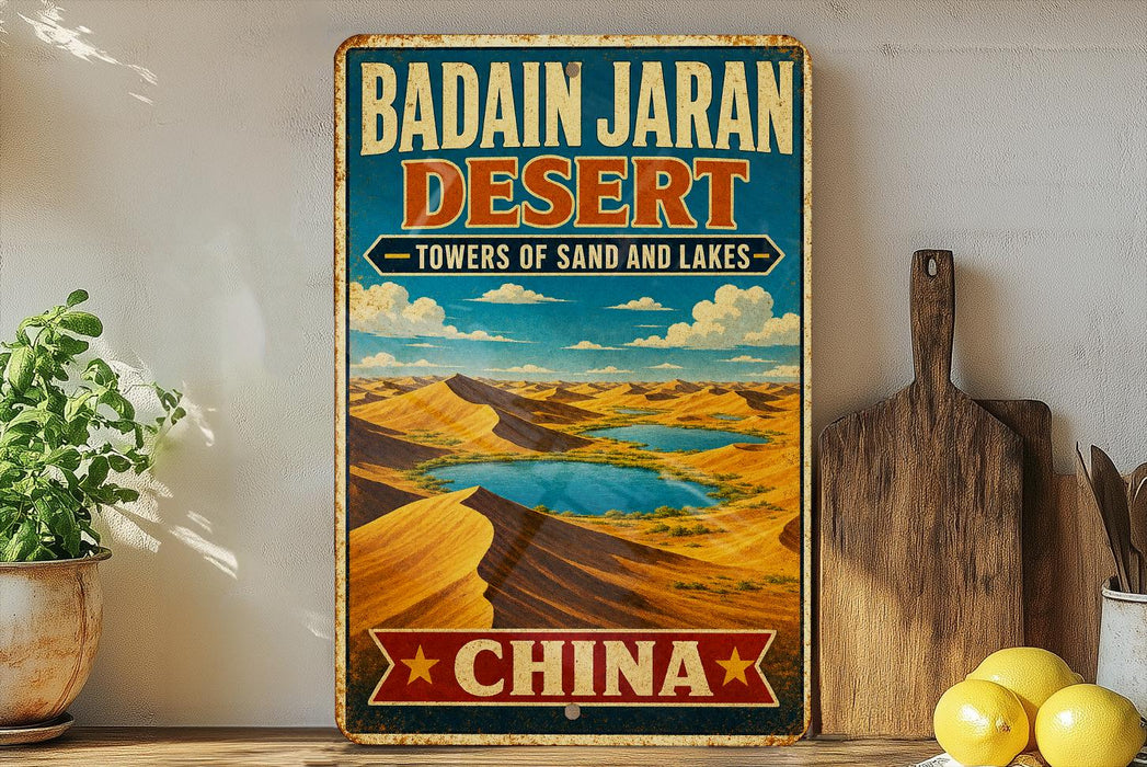 A vintage-style metal sign advertising the Badain Jaran Desert in China, featuring a desert landscape with sand dunes and a lake.