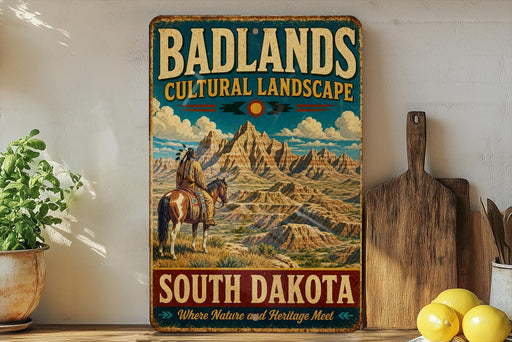 A vintage-style metal sign advertising Badlands Cultural Landscape South Dakota, featuring a cowboy on horseback and a mountainous landscape.