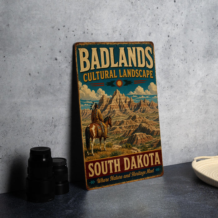 A vintage-style metal sign advertising Badlands Cultural Landscape South Dakota, featuring a cowboy on horseback and a scenic mountain landscape.