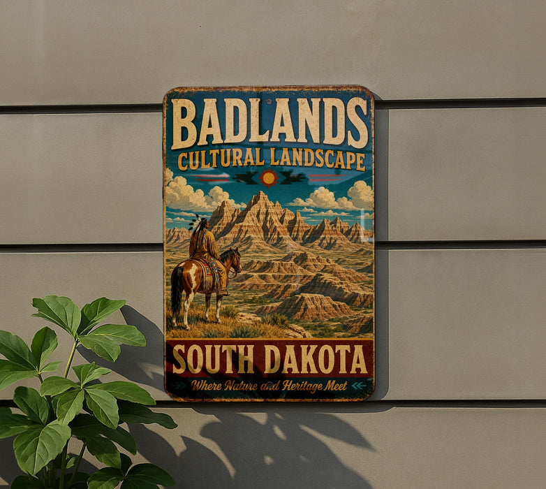 A vintage-style metal sign advertising Badlands Cultural Landscape South Dakota, featuring a cowboy on horseback and a scenic mountain landscape.