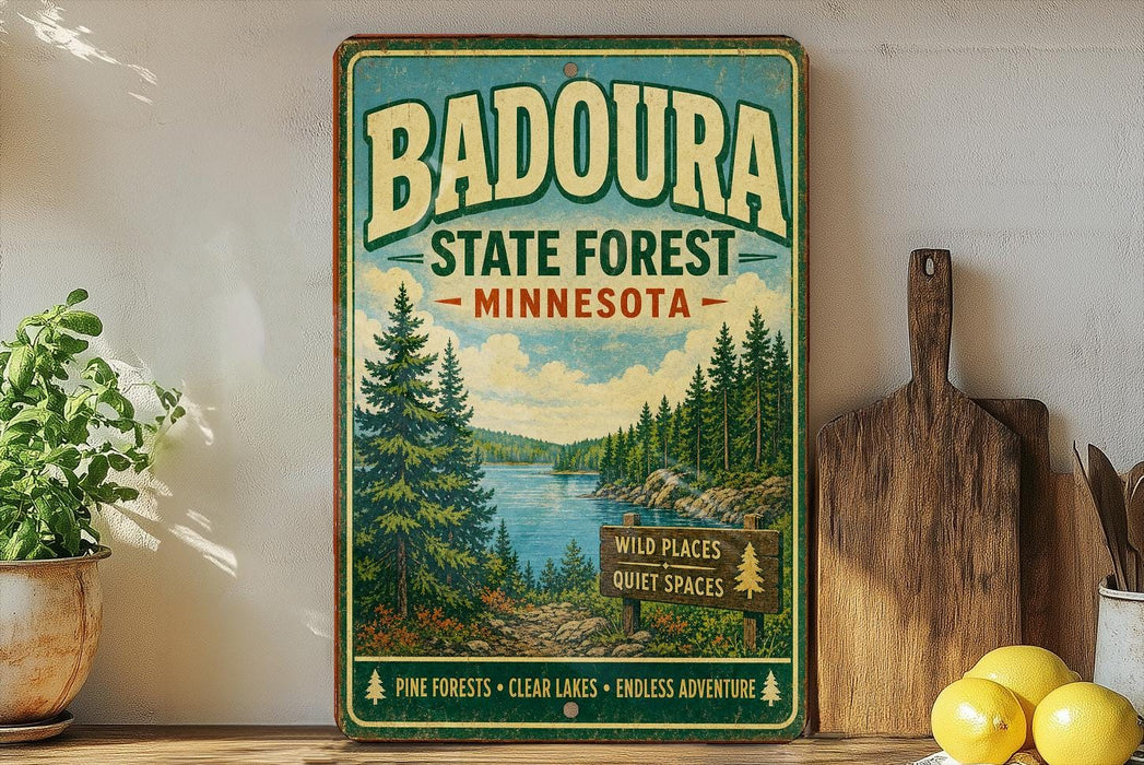 A vintage-style metal sign for Badoura State Forest in Minnesota, featuring a scenic illustration of pine forests, clear lakes, and a lake surrounded by mountains.