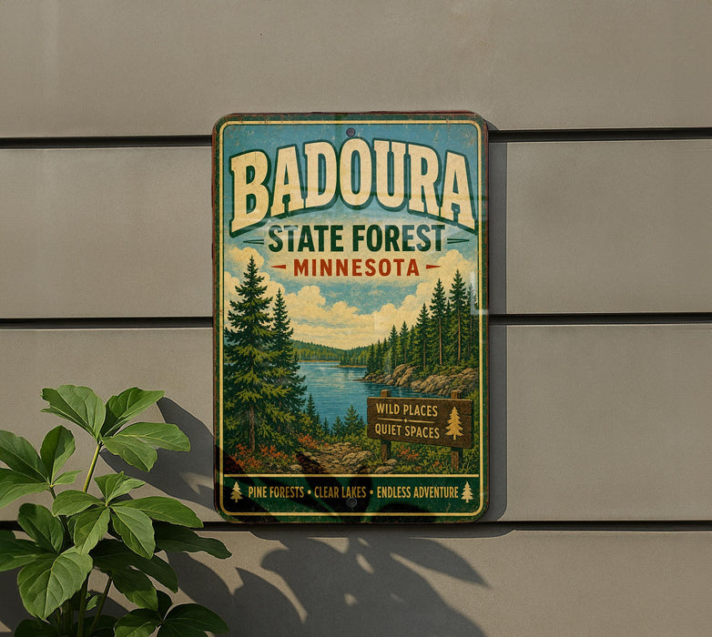 A vintage-style sign for Badoura State Forest in Minnesota, featuring a scenic illustration of pine forests, lakes, and mountains.