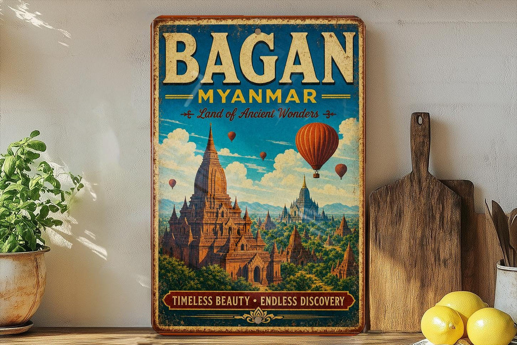 A vintage-style travel poster for Bagan, Myanmar, featuring a temple surrounded by hot air balloons and the text "Bagan MYANMAR Land of Ancient Wonders".