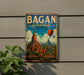 A vintage-style metal sign with the text "BAGAN MYANMAR" and an illustration of a temple surrounded by hot air balloons, hanging on a wall.